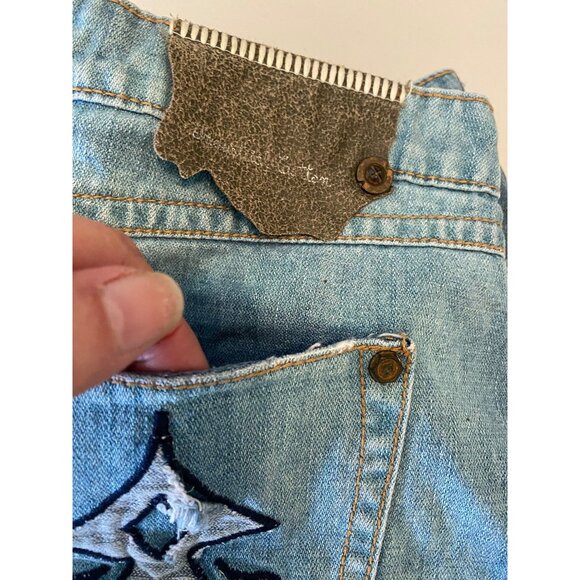 Industrial Cotton Distressed Denim Mini Skirt Embroidered Detail Frayed Hem Sz 5 - Picture 5 of 10